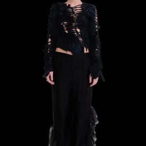 Pants | Collina Strada BLACK SATIN STRIPE DANTE RUFFLE TROUSER