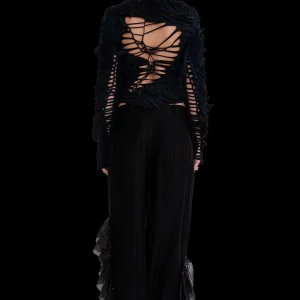 Pants | Collina Strada BLACK SATIN STRIPE DANTE RUFFLE TROUSER