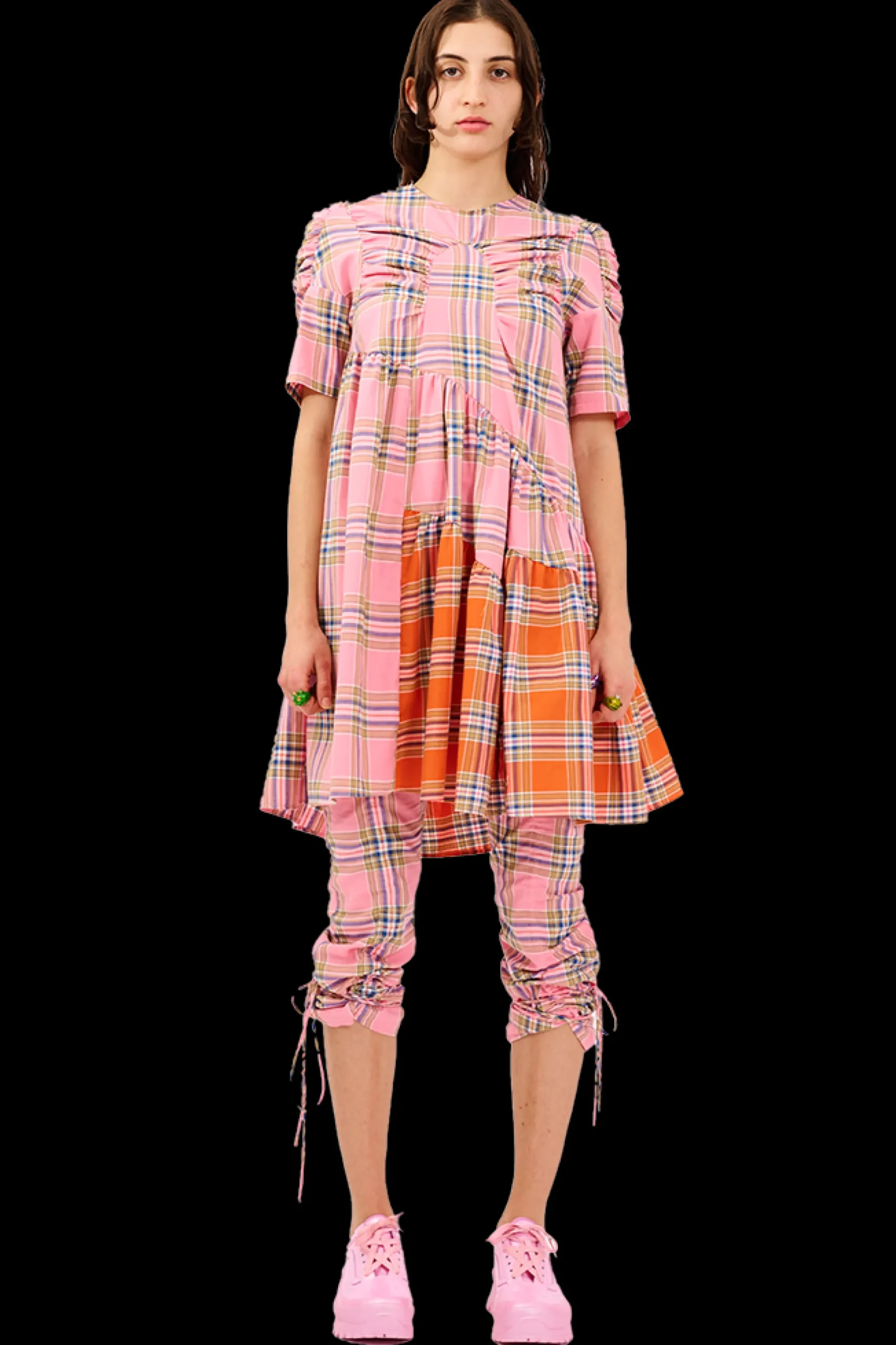pinkorange_plaid_arc_midi_dress_0.webp Dresses | Collina Strada PINK-ORANGE PLAID ARC MIDI DRESS