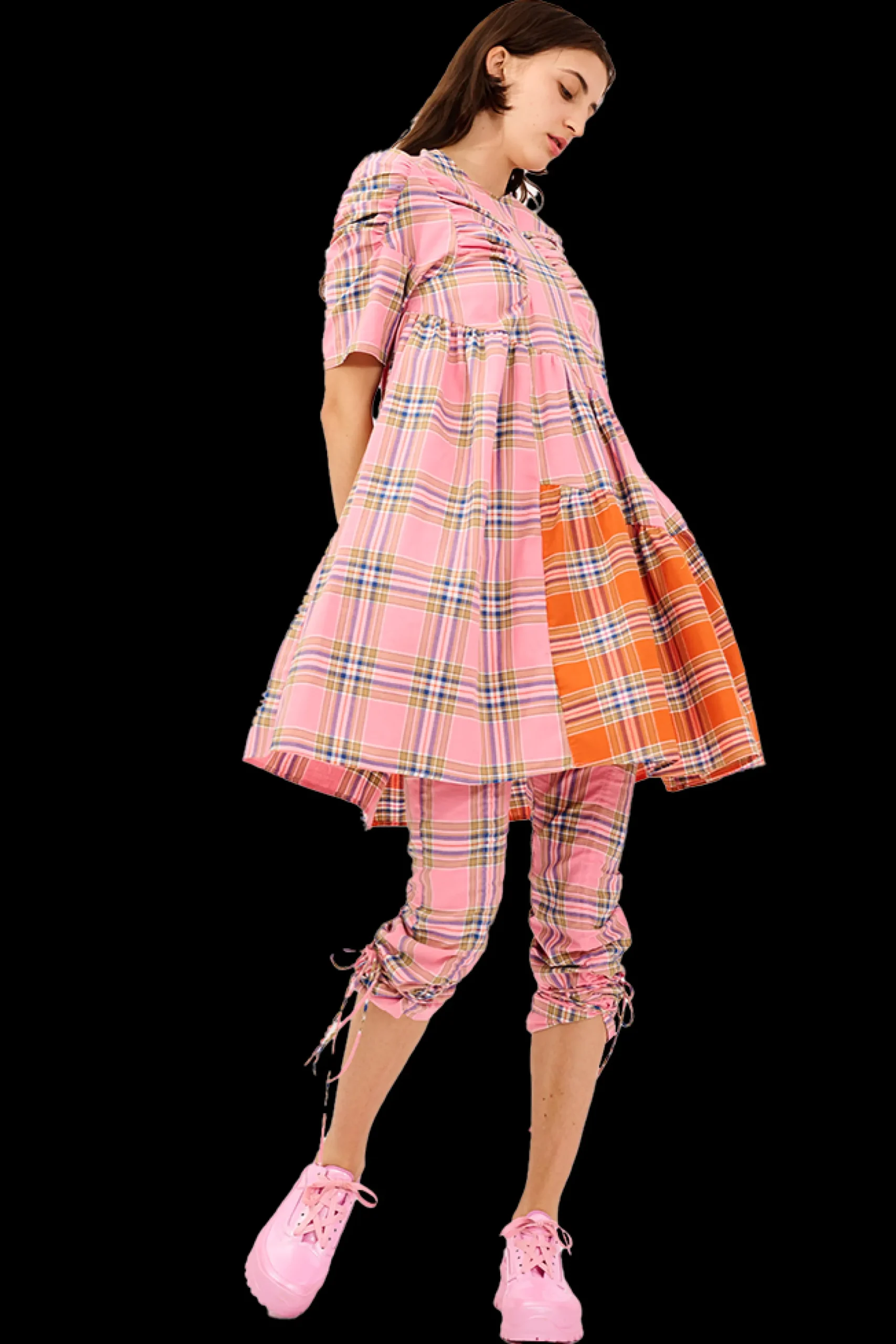 pinkorange_plaid_arc_midi_dress_1.webp Dresses | Collina Strada PINK-ORANGE PLAID ARC MIDI DRESS