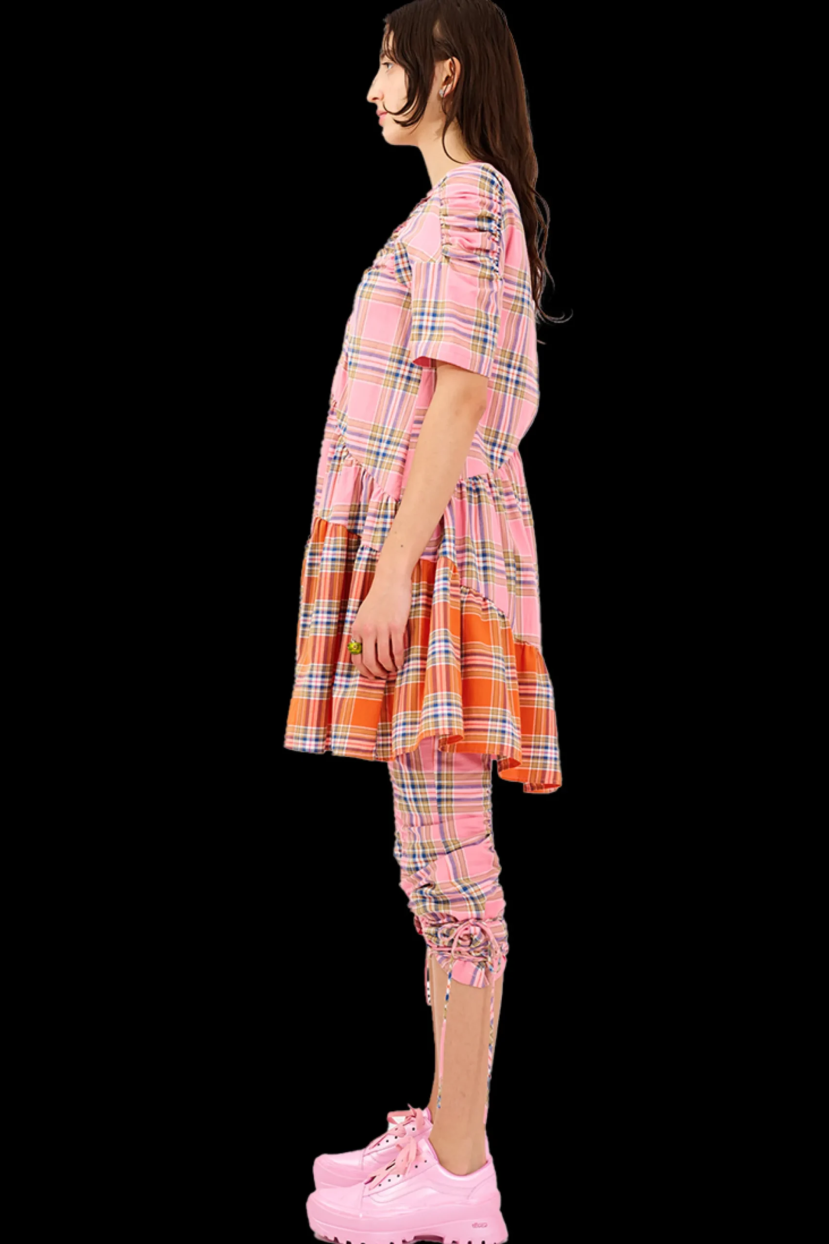pinkorange_plaid_arc_midi_dress_2.webp Dresses | Collina Strada PINK-ORANGE PLAID ARC MIDI DRESS